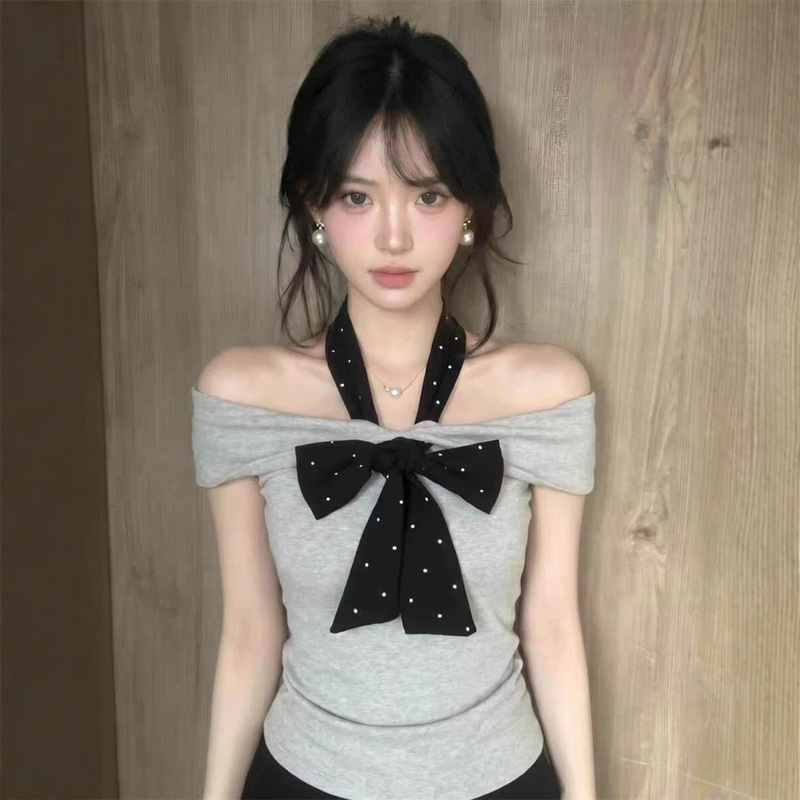 Sicii Snow Cake Sweetheart Pure Desire Hot Girl Polka Dot Tie Off-Shoulder T-Shirt Halter Design Ruched Slimming Short Top