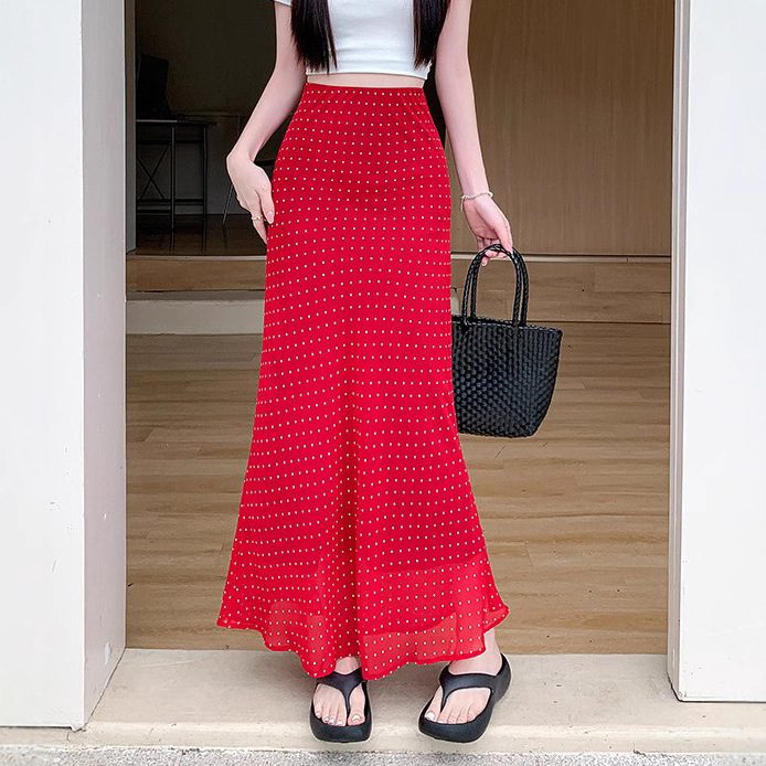 Fitted shiffon red summer retro long skirt