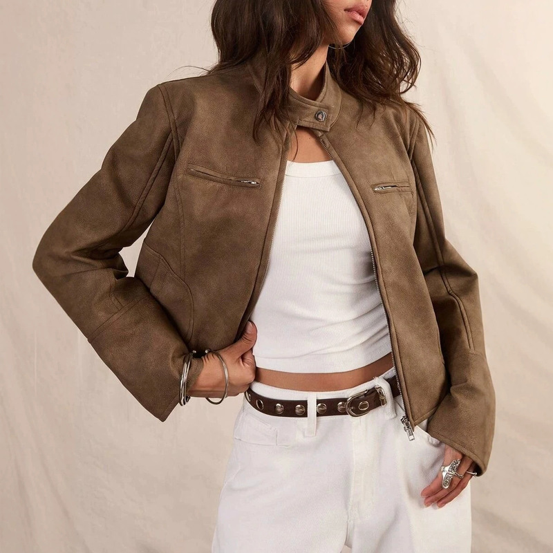 American retro stand-up collar jacket for street fashion women, 2026 early autumn new leather jacket, distressed biker jacket, cardigan top American retro stand-up collar jacket for street fashion women, 2026 early autumn new leather jacket, distressed biker jacket, cardigan top