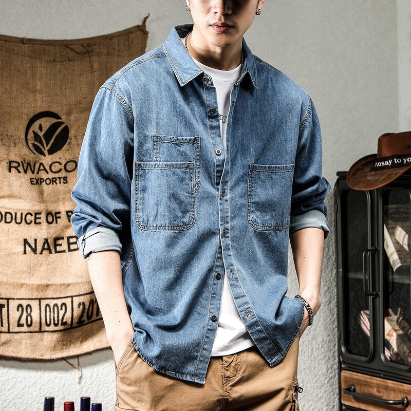 Spring and Autumn Washed Denim Shirt Men's American Retro Casual Korean Style Workwear Loose Handsome Versatile Shirt