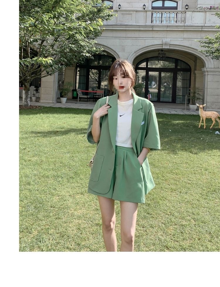 Bộ blazer nữ tay ngắn kèm quần short Hàn Quốc mỏng nhẹ mùa hè — Màu đen [Vải], Cỏ xanh [Vải], Gạo trắng [Vải], Màu hồng [Vải] chi tiết 2
