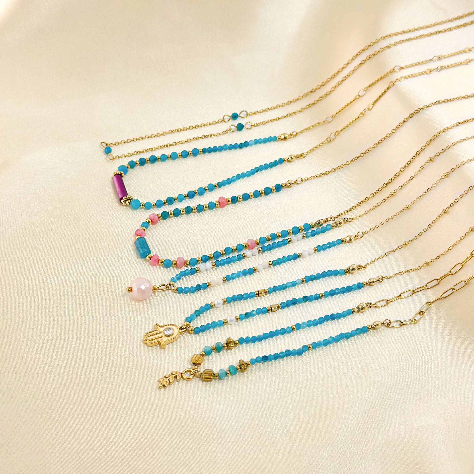 304 Stainless Steel, natural stone Material Geometric Pattern Elegant Geometric 304 Stainless Steel Natural Stone Beaded Chain Cable Chain Pendant Necklace In Bulk