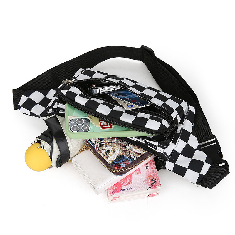 Chessboard Fashion Nylon Black and White Checkered Mobile Phone Large Capacity Running Sports Waist Bag for Women_voghion.com