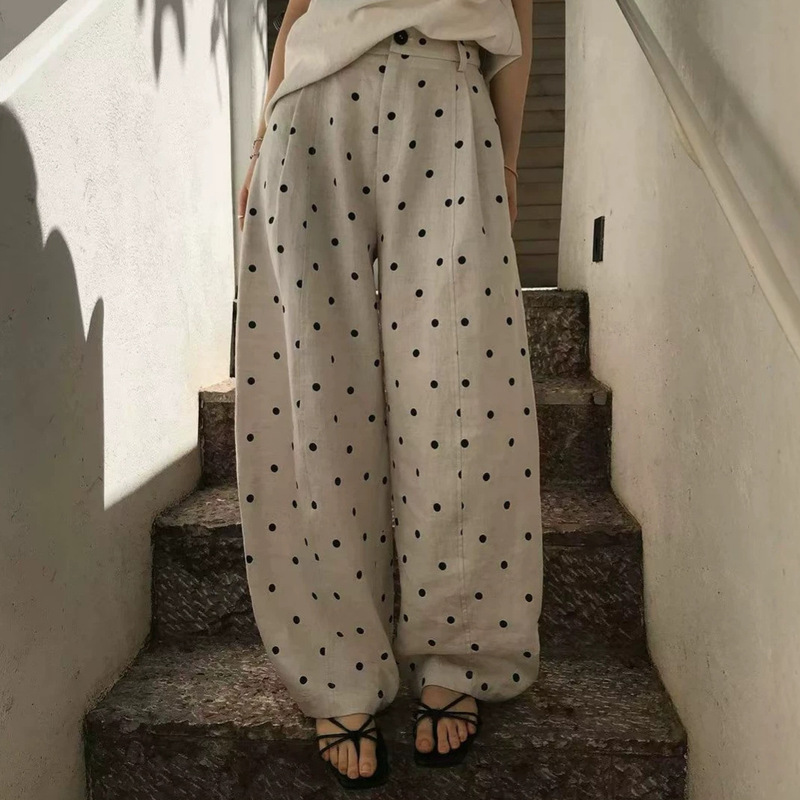 2026 Spring New Polka Dot Print Elastic Waist Hemp Casual Pants Straight Leg Hemp Long Pants for Women 2026 Spring New Polka Dot Print Elastic Waist Hemp Casual Pants Straight Leg Hemp Long Pants for Women