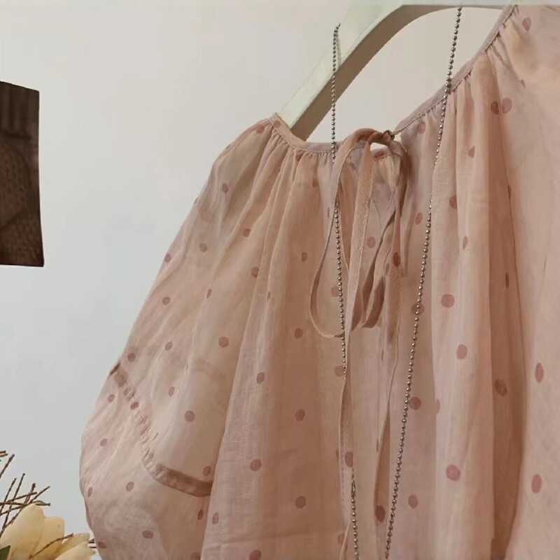 Polka Dot Lace-Up Design Shirt for Women, New Summer Style, Korean Niche Loose Top, Retro Artistic Style