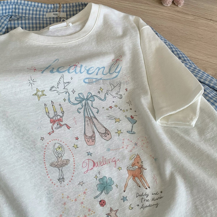 バレエワルツ～甘い女の子かわいいプリント半袖Tシャツレディース夏ゆったりカジュアル年齢軽減ラウンドネックトップス|undefined