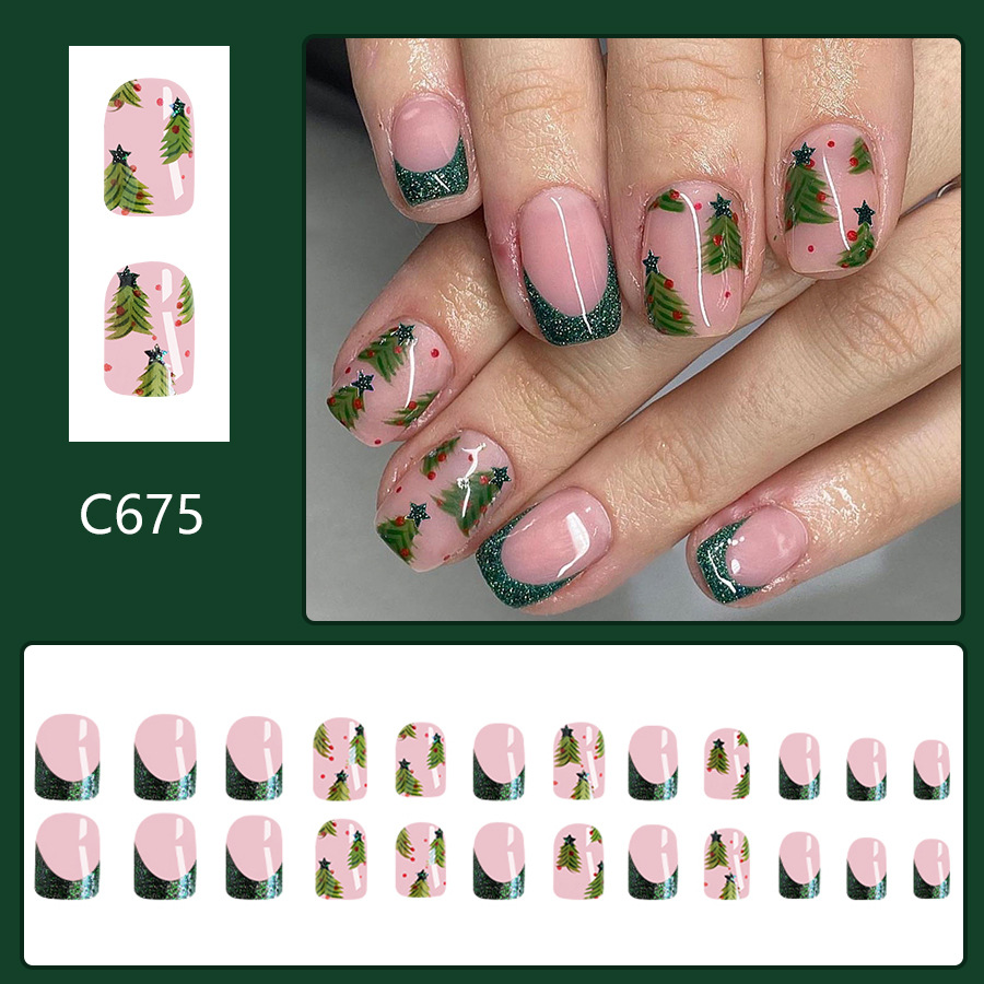 Short Glitter Square Armor 2024 New Christmas Glitter Dark Green Christmas Tree French Nail Art Patch 24 Pieces_voghion.com