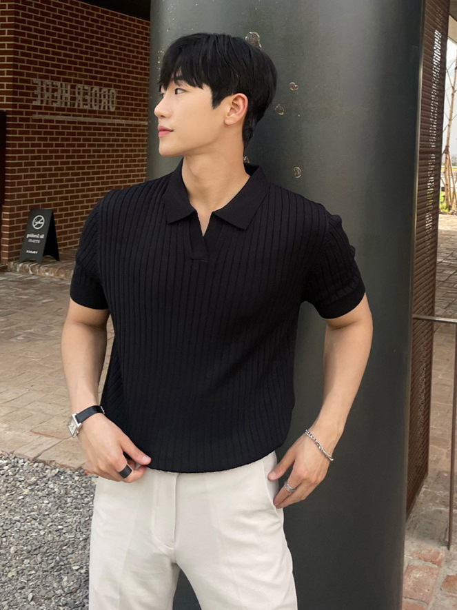 Polo de punto con cuello de gaviota Suéter de manga corta delgado europeo para hombre Suéter transpirable de seda fría Suéter Paul Cuello en v