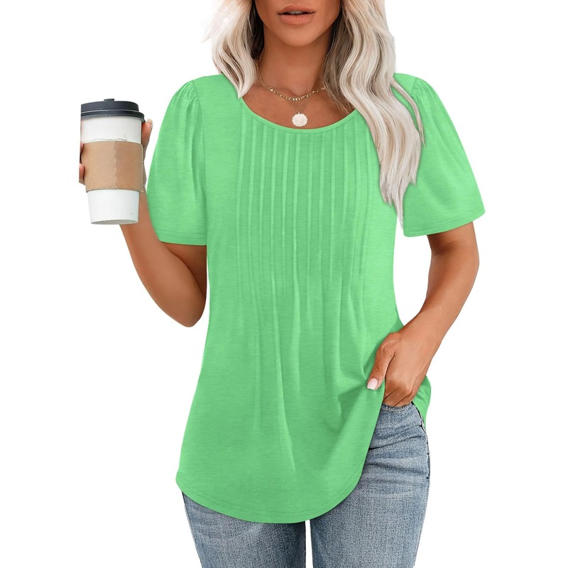 2025 アマゾン貿易ルーズヨーロッパとアメリカの新しいスタイルのプリーツラウンドネック半袖 Tシャツレディーストップストリップ無地婦人服|undefined
