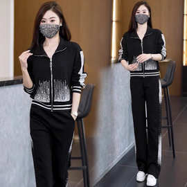 运动服套装女春秋穿搭高级感新款洋气重工烫钻上衣阔腿裤两件套潮