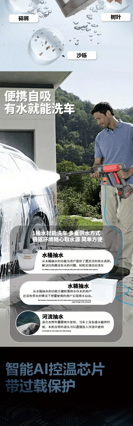 Car Wireless Car Wash Machine High-Pressure Water Gun Cleaning Tool Rechargeable High-Power Lithium Battery Car Wash Pump Multi-Function