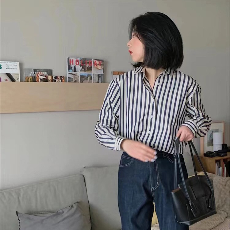 DU house navy blue stripes! Swedish Niche Designer Horse Cotton Yarn-dyed Striped Profile Shirt for Women