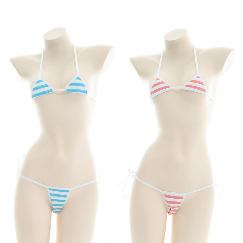 Sexy three-point bikini Japanese classic Blue White pink white small triangle cotton striped lace-up underwear B0257