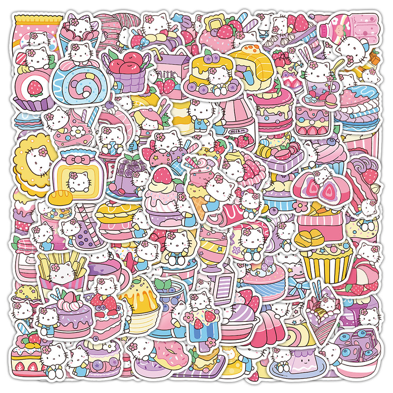 100 Stickers Kt Kitten and Food Graffiti Cartoon Stickers Cute Decoration Ipd Notebook Desk Manufacturer Wholesale
