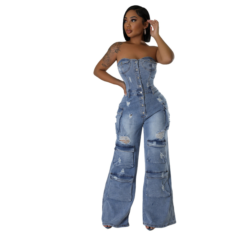 6028 Cross-border Amazon New European and American Casual Fashion Strapless Women's Slim Fit Denim Pants Cute Pants