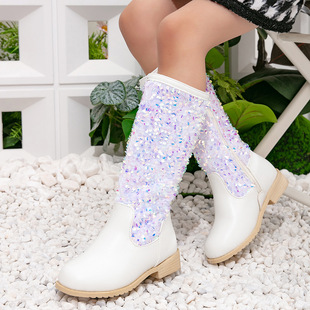 2024 autumn and winter new girls sequined princess boots little girls fleece-lined warm boots children's soft bottom high boots