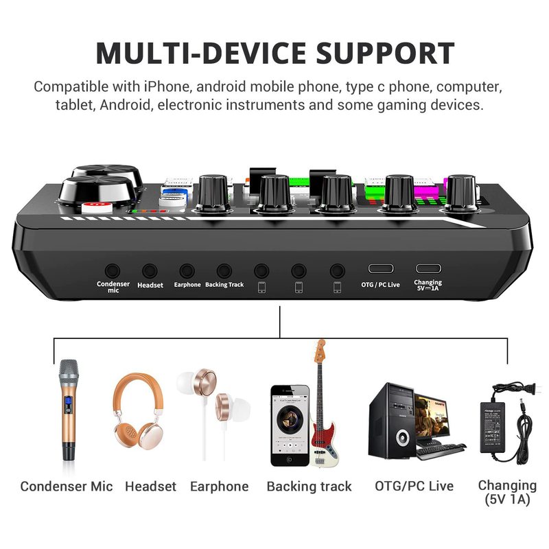F998 サウンドカード ワイヤレス Bluetooth DJ機器 ライブサウンドカード RGBボタン付き BM-800 マイク デュアルチャンネル|undefined