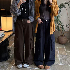 代陌嘉韩版休闲工装牛仔裤女秋季百搭宽松垂感直筒阔腿运动长裤