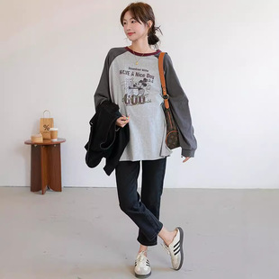Autumn and Winter Pregnant Women's Clothing Korean-style Raglan Sleeve Pregnant Women's Sweatshirt Round Neck T-shirt Loose plus size Casual Long Sleeve Base Clothes Trendy