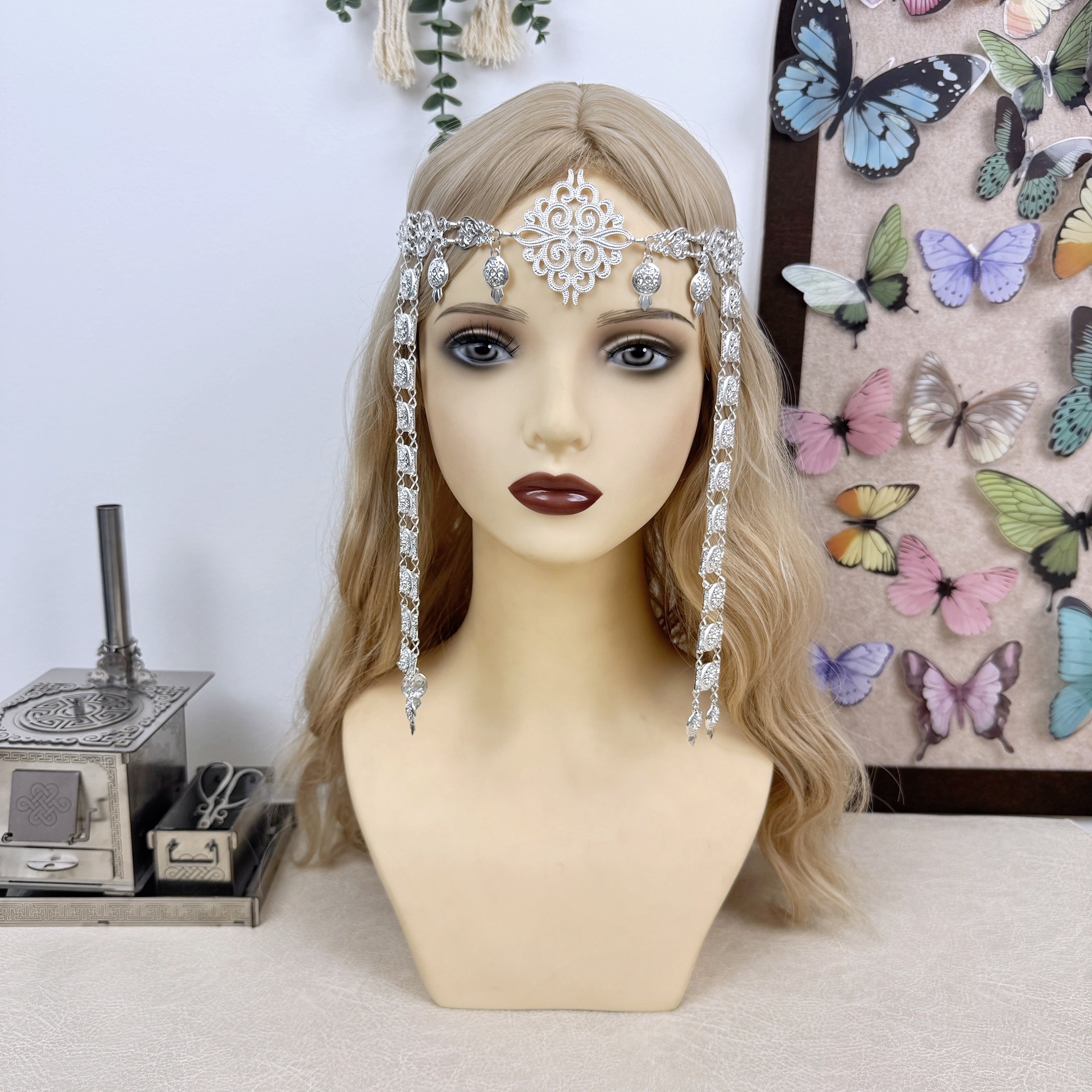 Russian Yakut Zinc Alloy Headwear Ethnic Style Bright Silver Hair Chain Buryat Forehead Accessories