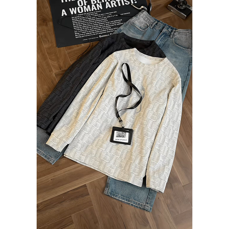 Textured Plaid Heavyweight Sweatshirt For Men, Spring Trendy Brand, Stylish And Sophisticated Long-sleeve T-shirt,_voghion.com