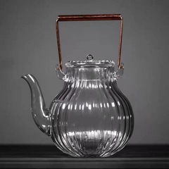 高硼硅玻璃菊瓣紋耐熱玻璃茶壺茶具家用泡茶耐熱銅把提梁壺燒水