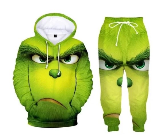 2024 Navidad piel verde extraño Grinch 3D Impresión digital suéter con capucha traje de dos piezas