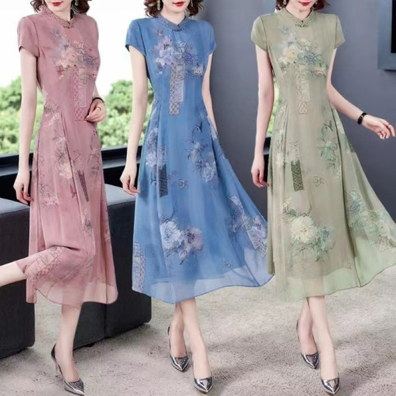 High-End Improved Cheongsam Dress for Women 2025 Summer Slim Fit Wrap Skirt New Chinese Style Short-Sleeved Skirt Trendy