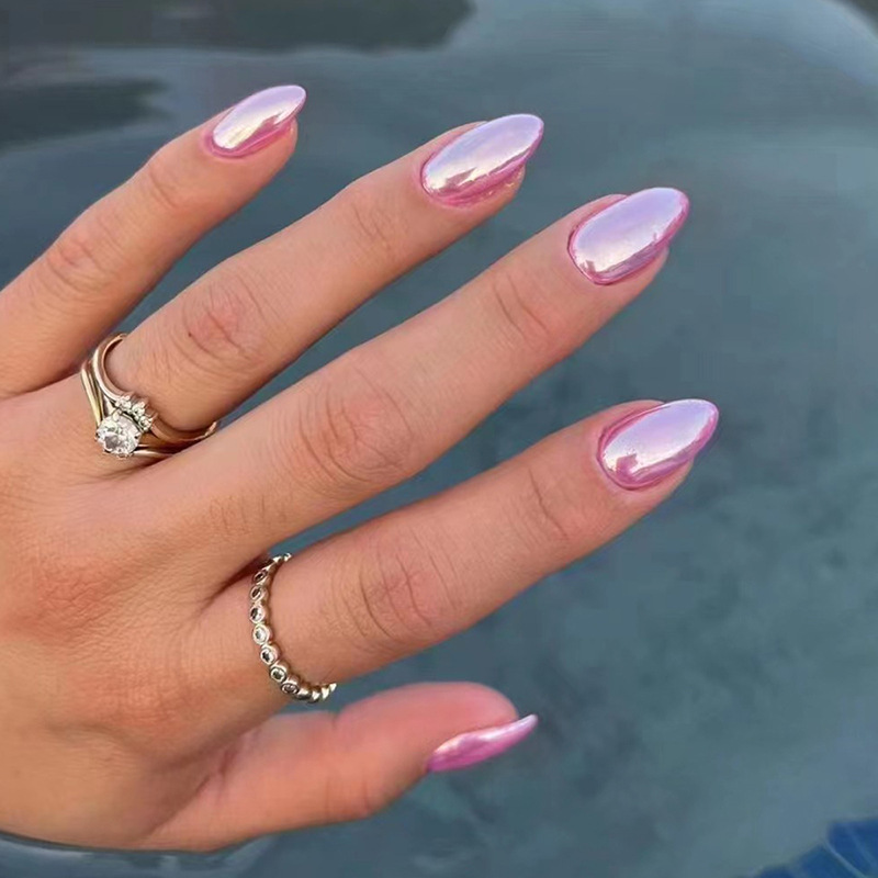 Cross-Border Short Oval Aurora Girl Pink Manicure European and American Fashion Ins Style Fake Nails Women's Nails