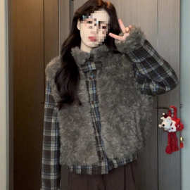 韩系少女宽松磨毛格纹拼接毛绒夹棉外套女冬季加厚保暖图片色其他
