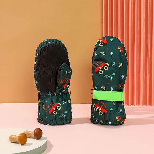 Children's Ski Gloves with Fun Print, Unisex Waterproof Windproof Warm Snow Play Mittens, Cute Ski Gloves