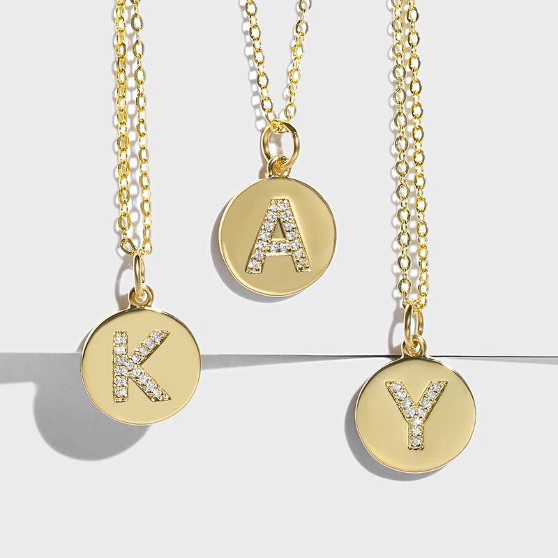 round card 26 letters pendant necklace with zircon clavicle chain