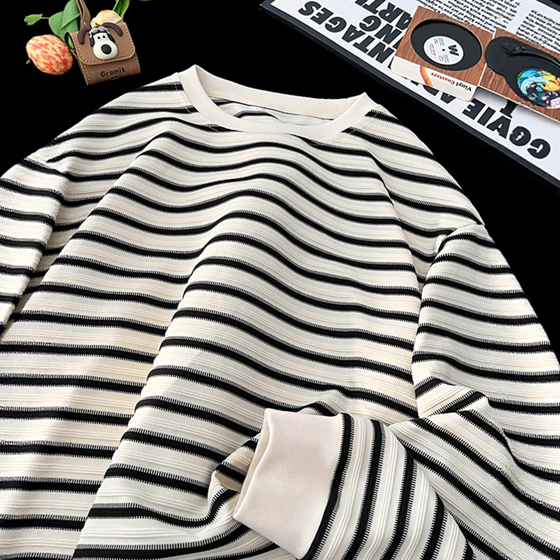 Black and White Striped Long-Sleeve T-Shirt for Men, Spring and Autumn Trendy American Style, Crew Neck, Loose and Stylish, Heavyweight Base Layer Shirt