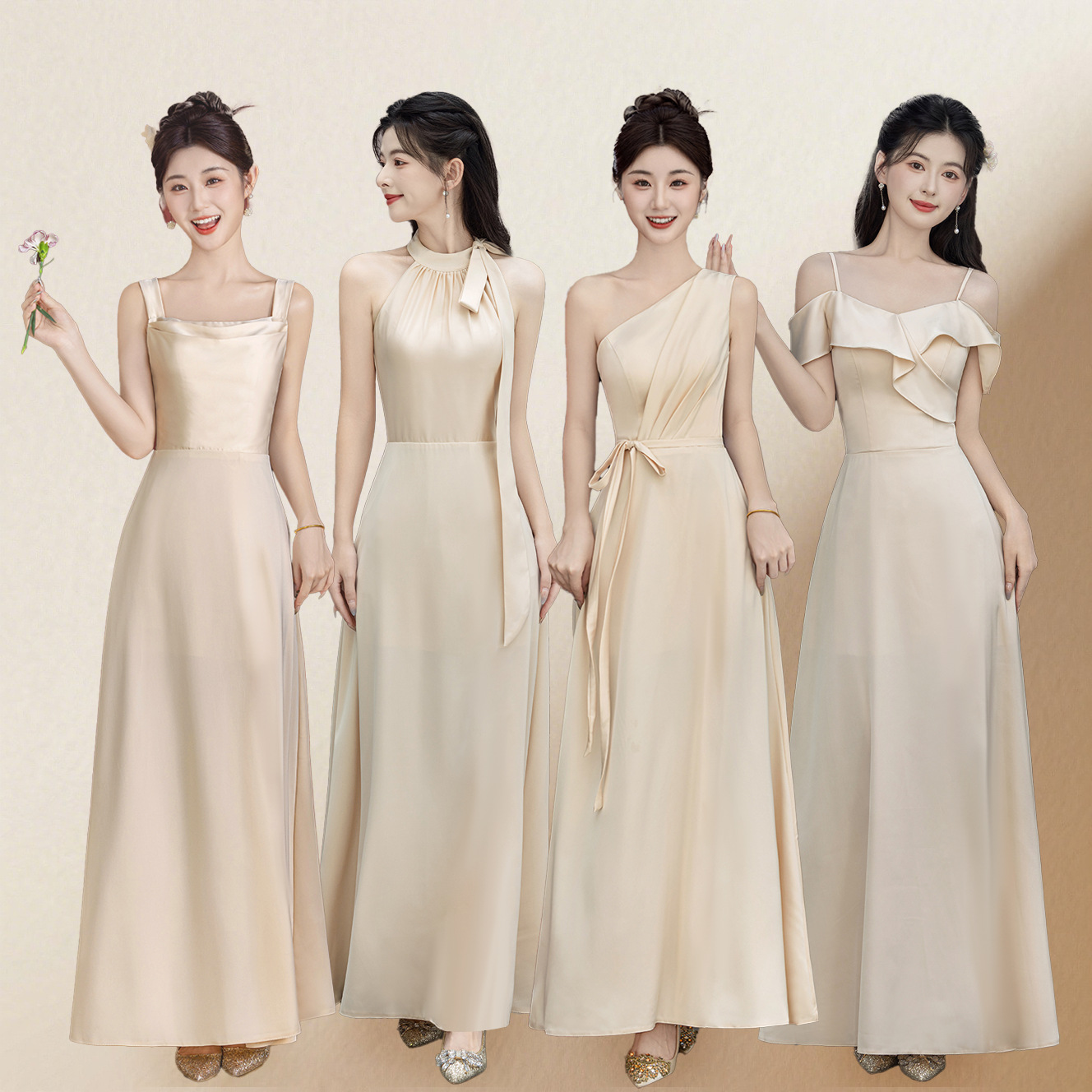 Champagne-Colored Satin Bridesmaid Dress, New Style for Summer Weddings, Off-The-Shoulder, Elegant and Slimming Gown