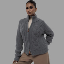 羊驼绒跨境毛衣女麻花双拉链翻领针织开衫上衣t宽松慵懒毛衣外套