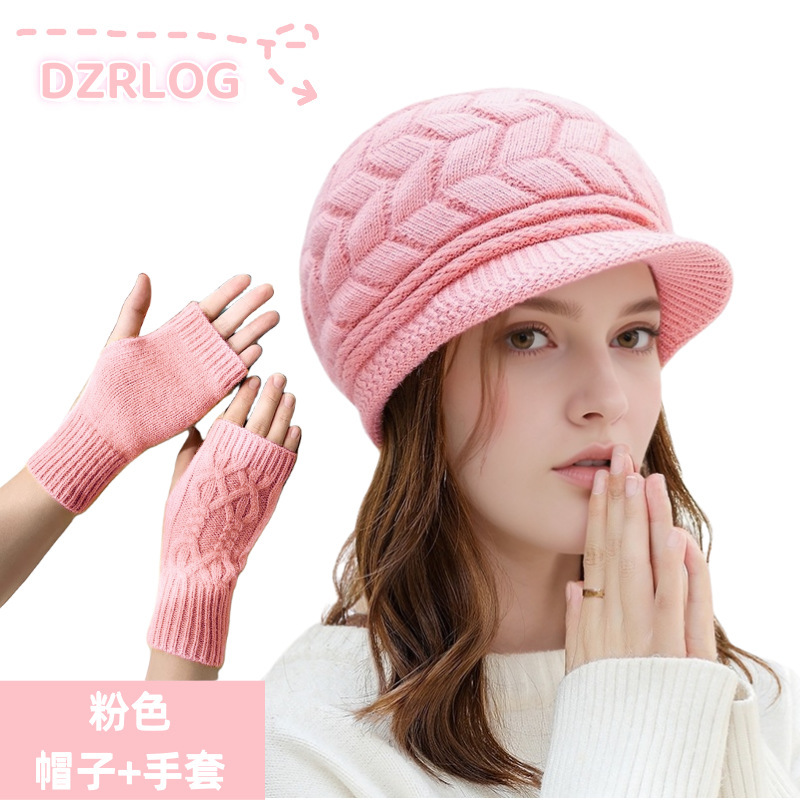 冬季跨境针织帽中老年加绒加厚保暖护耳帽子手套时尚毛线贝雷帽女|undefined