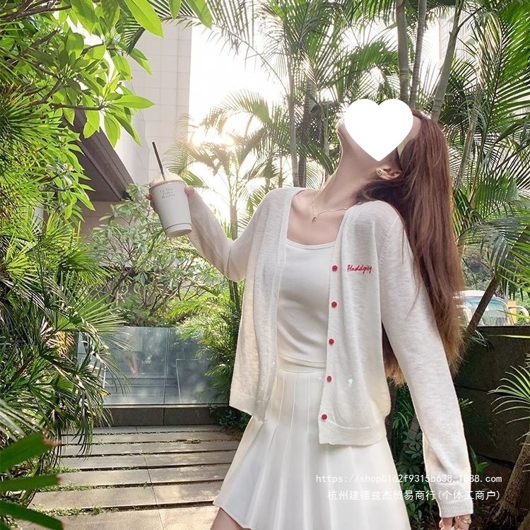 Korean style white thin sun protection cardigan for women, summer camisole sun protection outer layer cover-up sun protection short jacket long sleeve top