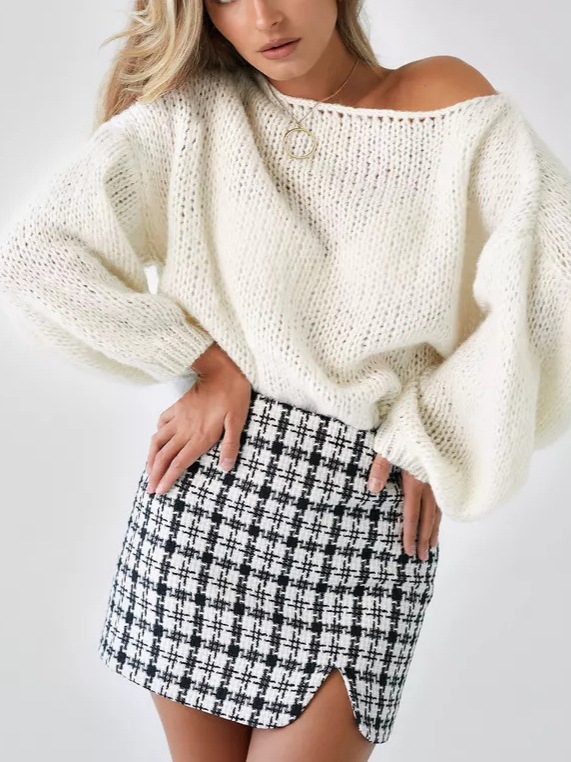 2024 Cross-border Amazon Autumn and Winter New Sexy Strapless Collar Solid Color Loose Knitted Pullover Sweater for Women