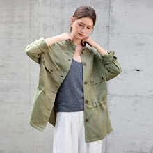 亚麻工装风衣廓形翻领衬衫2026春小众收腰麻料老钱风军绿棉麻外套