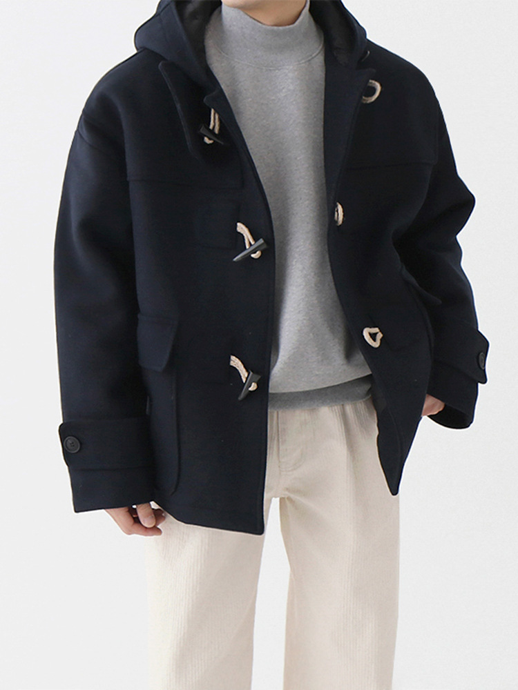 MYQ con capucha abrigo de lana de los hombres otoño e invierno cálido abrigo de algodón acolchado estilo coreano cuerno suelto hebilla abrigo de lana corto image 6