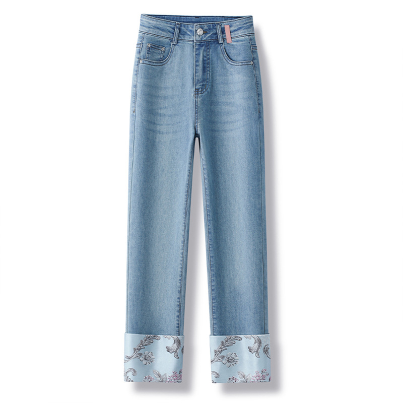 Luxurious Blue Embroidered Cropped Cigarette Pants for Women, 2026 Spring New Style, Chinese Style Cuffed Denim Straight Pants
