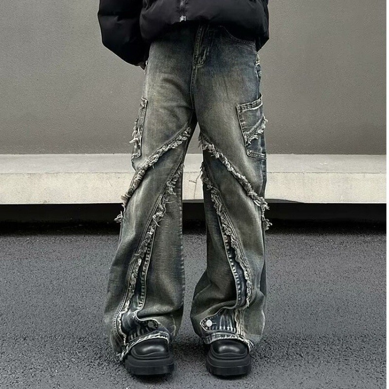 American-Style Heavy-Duty Side Pocket Structure Spliced Raw Edge Jeans High Street Washed Micro-Flared Straight-Leg Floor-Length Couple Pants