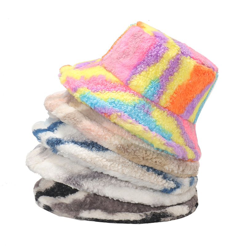 Pot Hat Winter Women's Warm Plush Hat Autumn and Winter Thickened Lamb Hair Colorful Gradient Striped Fisherman Hat_voghion.com