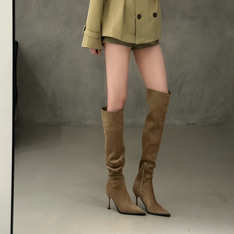 2025 Spring and Autumn New Pointed Toe Thin Heel High Boots Women's Niche Design High Heel Over-The-Knee Boots Two-Wear Pile Boots