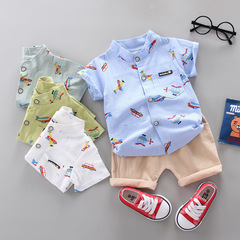 Summer Lightweight Unisex Baby & Kids' Cotton Short-Sleeve T-Shirt and Shorts Set with Little Airplane Cartoon Design—Factory Direct Sales