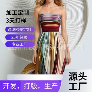 现货外贸2026春季新款亚马逊欧美女装气质性感抹胸印花彩色礼服连