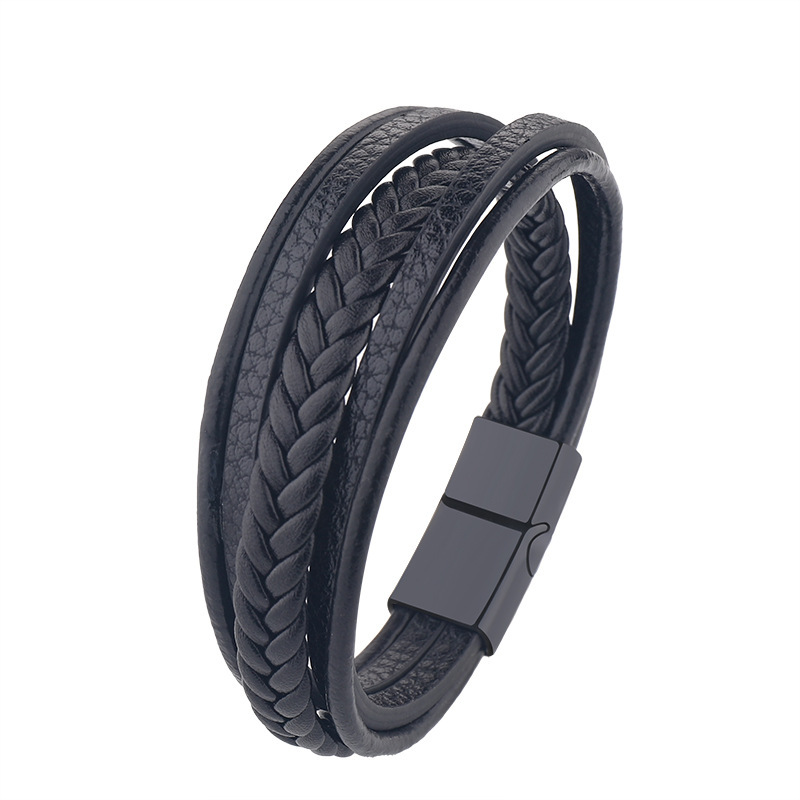 European and American Bracelet Simple Multi-layer Men's Magnetic Buckle Bracelet Jewelry Alloy Bracelet Cow Leather Bracelet Cross-border