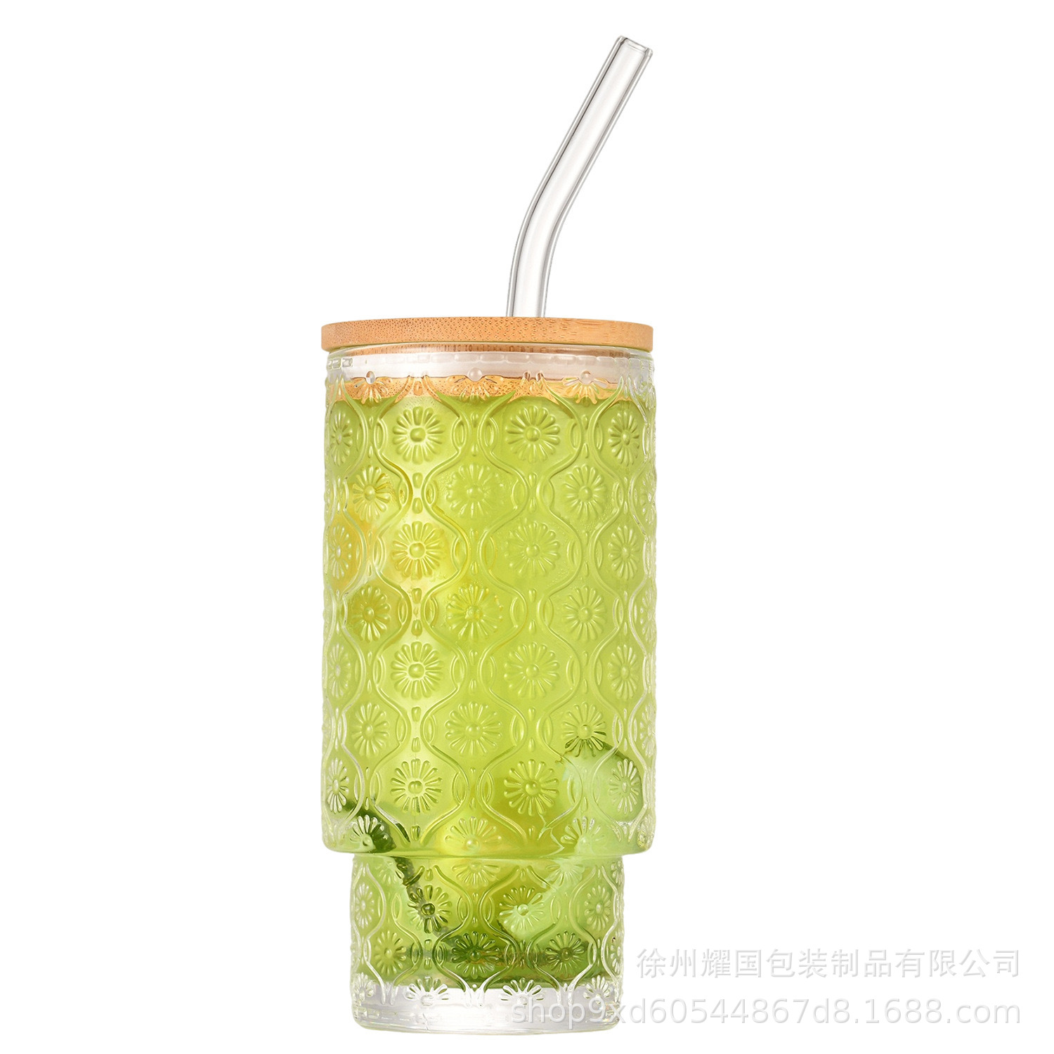Exportación Amazon 11oz taza apilada de vidrio taza de bambú de patrón vertical transparente taza de sorbete de bebida de gran diámetro taza de jugo