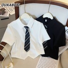 OUKABUYI学院风简约短袖POLO领女夏季薄款外穿高级百搭短款衬衣in