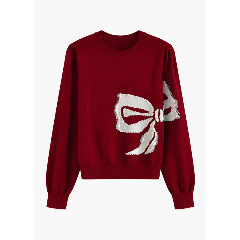 New Year's Jersey Christmas Red Knitwear for Women 2025 Autumn and Winter New High-End Jacquard Bow Wool Top New Year's Jersey Christmas Red Knitwear for Women 2025 Autumn and Winter New High-End Jacquard Bow Wool Top